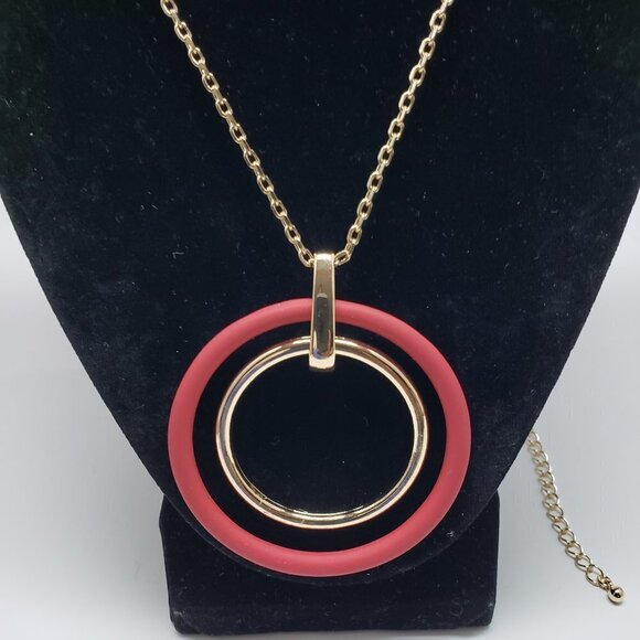 Women's Stunning Polished Gold Tone Necklace w/ Double Hoops Pendant, 38+4-inch - Picture 3 of 10